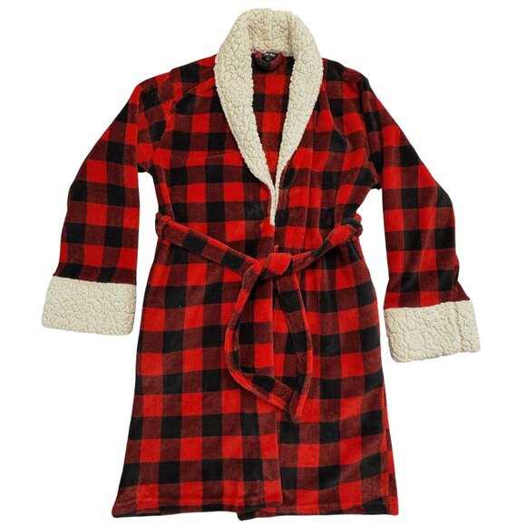 Red Black Buffalo Plaid Sherpa Fleece Robe Womens L Tie Waist Pockets Just Love - Picture 4 of 16